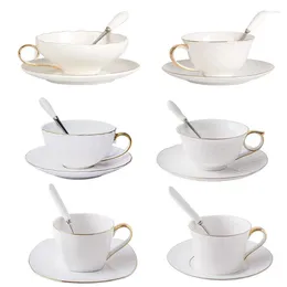 Cups Saucers Nordic Minimalism Solid White Ceramic Coffee Cup And Saucer Set Simple Gold Edge Flower Tea Porcelain