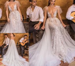 Berta Bridal Lace Wedding Dresses Overskirts Sexy Mermaid Bridal Gowns Deep V Neck Illusion Bodice Court Train Boho Wedding Dress4181110