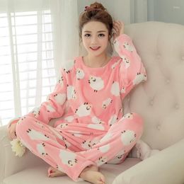 Home Clothing Cute Pink Sheep Print Winter 2024 Long Casual Pyjama Set Fleece Thick Sleeve Woman Suits 2 Pieces Lounge Pyjamas S87806