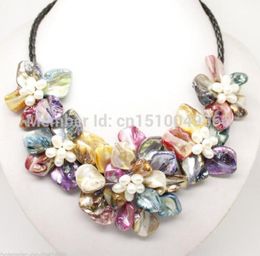 gtgtgtStunning Multicolor Freshwater Pearl Sea Shell Flower Leather Necklace 18quot1417273