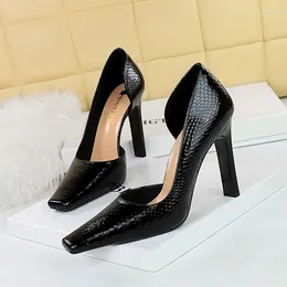 Dress Shoes Square Toe Snake Pattern Genuine Leather For Women High Heels Slip On Summer Solid Color Banquet Women's Pumps Stiletto