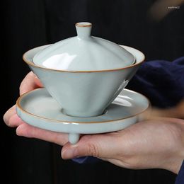 Teaware Sets Ru Kiln Ceramic Tea Set Gaiwan Fair Cup Cracked Teacup Kitchen Dining Bar Home Garden