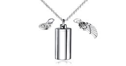 Cylinder Capsule Secret Message Vial Cremation Ash Urn Necklace in Stainless Steel Stash Locket Wing and Crystal Dangle Necklace9660872