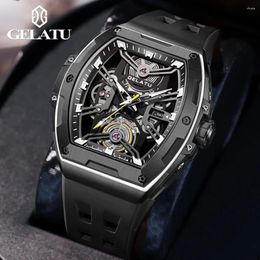 Wristwatches GELATU Original Watch For Men Automatic Mechanical Tonneau Waterproof Silicone Sapphire Crystal Skeleton