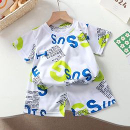 Clothing Sets Boys' T-shirt Shorts Two-piece 2024 Summer Suits Colorful Letter Print Casual Children's Handsome Baby