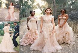 2019 beautiful light pink Vintage Lace Appliqued Wedding Dresses Sexy VNeck Sheer Back ALine wedding gowns Court Train Tulle Bri1413821