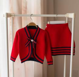 Fall kids Clothing Sets Baby girls princess Knit outfits Children pearls stripe Bows buckle long sleeve cardiganknitted skirt 2pc3632073