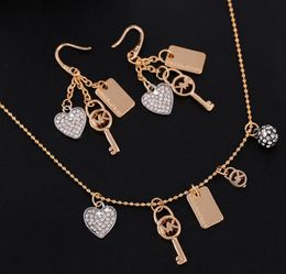 Fashion necklace pendant earrings full drill M letter octagonaltHeart key golden silver twopiece diamond jewelry3810667