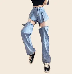 Women's Jeans High Waist Ripped - Sexy Design Denim Stretch Removable Pants Wide Leg Hip Hop Fashion Blue/Black Trousers