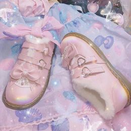 Dress Shoes Plus Velvet Winter Lolita Boots Low Heel Pu Women BowKnot Two Buckle Anime Cosplay Japanese