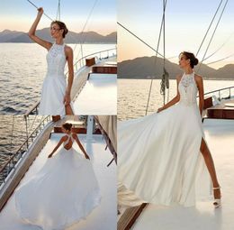 High Side Slits Summer Wedding Dresses Illusion Bodice Halter Lace Top Backless Bridal Gowns Wedding Dress1893782