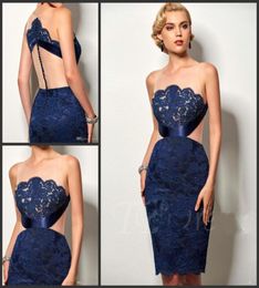 Elegant kneelength evening dress scoop back covered button lace applique sleeveless formal prom guest dress 9035945