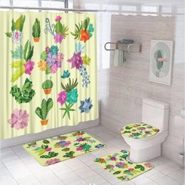 Shower Curtains 4Pcs Watercolor Plant Cactus Curtain Set Succulent Flower Home Bathroom Decor Screen Floor Rug Bath Mat Toilet Lid Cover