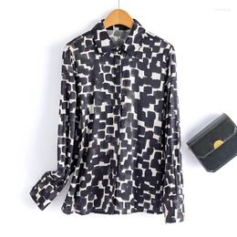 Women's Blouses Birdsky 1PC Women Button Shirt Top Blouse Office Lady Long Sleeve 19mm 92% Real Mulberry Silk 8% Spandex Plaid Print S-798