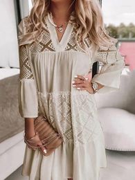 Casual Dresses Spring Summer Loose V-Neck Party Dress Women Loungewear Solid Three Quarter Sleeve Mini Patchwork Sweet Ladies