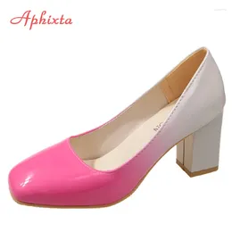 Dress Shoes Aphixta 7.5cm Square Tou Patent Leather Women Pumps Gradient Colour Thick Heels Party Super Big Plus Size 50