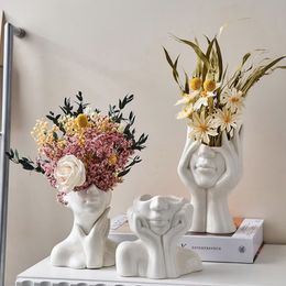 Ceramic Face Vases, White Flower Vases for Decor, Modern Decorative Vase Centerpiece for Table Shelf Living Room Office Bedroom