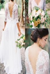 Bohemian Wedding Dresses Lace 34 Long Sleeves Vneck Low Back Aline Chiffon Plus Size Summer Beach Country Bridal Wedding Gown1782564