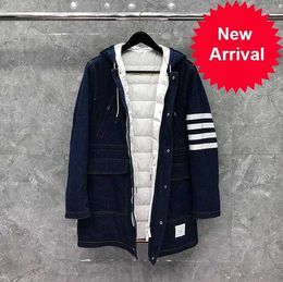 10A Fashion Brand Coats Men Patchwork Long Denim Striped Thick Casual Hooded Winter Clothing Down Jacket