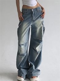 Women's Jeans Street Style Vintage Wash Pocket Patchwork For 2024 Autumn Loose Straight Leg Pants Long Y2k Japan Emo