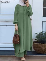 ZANZEA Autumn Muslim Sets Turkey Dubai Abaya Women Long Sleeve Shirt Set Causal Pants Suits Abayas For Women IsIamic Outifits 240410