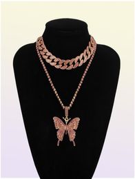 Cuban Chain Big 3d Butterfly fashion designer luxury diamonds statement pendant choker necklace for woman girls hip hop jewelry1517287