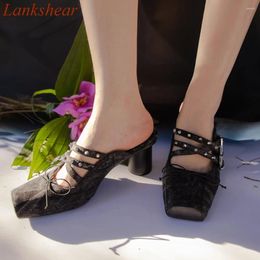 Slippers Square Toe Heel Women Cross Tied Belt Buckle Fashion Solid Black Spring Sexy Party Shoes 2024 Arrivals