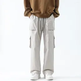 Men's Pants Men Elastic Waist Straight-cut Drawstring Cargo With Pockets Solid Colour Straight For Streetwear