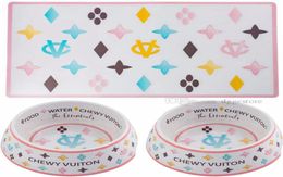 Designer Dog Bowls and Placemats Set Food Grade NonSkid BPA ChipProof TipProof Dishwasher Safe Malamine Bowls with Fun Bra3498778