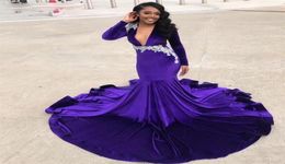 African Purple Sexy Deep V Neck Prom dresses White Appliqued Long Sleeves Court Train Formal Dress Evening Wear Party Gowns Ogstuf8667125