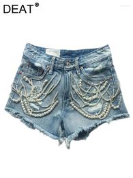 Women's Jeans Denim Shorts Diamond Pearls Beading Chains Waist Wide Leg Broken Holes Short 2024 Autumn Fashion 29L3675