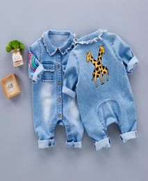 Spring Baby Toddler Long Sleeve Lapel Collar Denim Jeans Giraffe Rainbow Pattern Rompers Kids Infant Jumpsuits roupas de bebe LY086339126