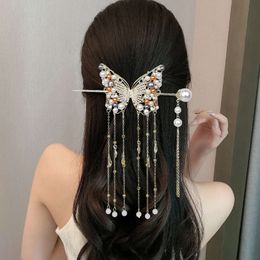 Tungt hantverk High-End Feeling Ultra Long Tassel Hair Pearl Fjäril Hårinsats Back Of Head Spoon Straight Line Hairpin Hairpin