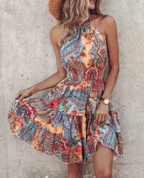 Casual Dresses Summer Womens Sleeveless Bohemian Beach Tribal Print Backless High Waist Ruffle Vintage A-Line Mini Dress