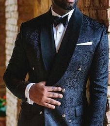 New Navy Blue embroidery Wedding Mens Suits Double Breasted Custom Slim Fit Groom Tuxedos Shawl Lapel Two Piece Jacket Pants Male 8515444