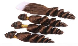 Top Quality Malaysian Virgin Medium Brown Human Hair Loose Wave 3 Bundles With 4x4 Chocolate Brown Lace Front Closure Pure 4 Colo2929384