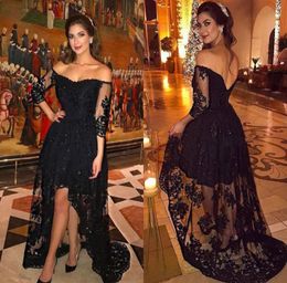 2018 Plus Size Lace Black Prom Dresses Off Shoulder 34 Long Sleeves Backless High Low Evening Gowns Cheap Party Dresses9952733