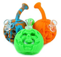 Skull Pumpkin water pipe 6quot Smoking Dab Rig Halloween Silicone bong with glass bowl LED light portable243O5454719