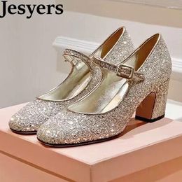 Dress Shoes 2024 Shining Sequins Chunky High Heels Pumps Women Shallow Mouth Belt Buckle Spring Autumn Single Office Commuting