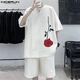 INCERUN 2024 Korean Style New Men's Sets Medium Sleeved T-shirts Shorts Stylish Hot Sale O-neck Rose Print Two-piece Sets S-5XL