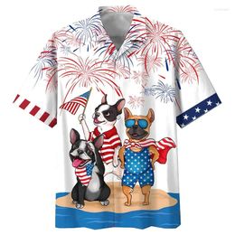 Men's Casual Shirts Hawaiian Vintage USA Flag For Men Dog 3D Print Man Clothing Funny Beach Harajuku Summer Floral Blouse Retro Social