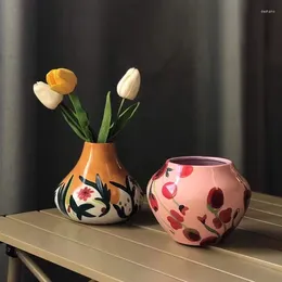 Vases American Retro Hand-painted Ceramic Vase Ornaments Desktop Art Flower Arrangement Dried Home Decoration Accessories