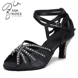 Dance Shoes Woman Crystal Latin Black Stain Silk Ballroom Salsa Dancing Girl Performace Latino Flare 7.5cm/9cm