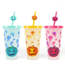 Mugs Halloween Cold Colour Changing Plastic Water Cup Three Piece Set Funny Pumpkin Cover Straw