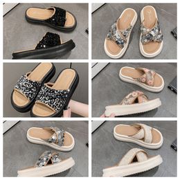 Thick soled cross strap cool slippers women black white Exquisite sequin sponge cake sole one line trendy slippers