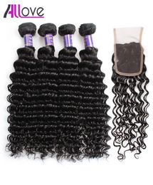 Allove 828 inch Deep Curly Wave Wefts 4PCS Human Hair Bundles with Lace Closure Brazilian Virgin Extensions for Women All Ages Je1953731