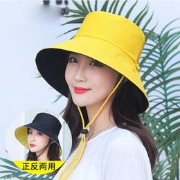 Berets Women Summer Double Sided Solid Color Windproof Rope Bucket Cap Wide Brim Travel Sunscreen Fishing Fisherman Sun Hat A92