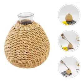 Vases Rustic Vase Glass Flower Rattan Woven Desktop Decoration