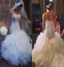 Bodycon Lace Wedding Dresses Lace Appliques White Tiered Ruffles Tulle Bridal Dresses Floor Length Puffy Mermaid Wedding Gowns7930070