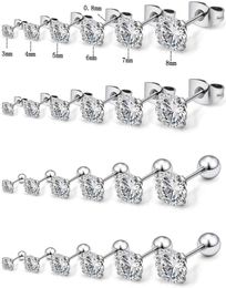 Stud Earrings Stainless Steel Design Four Claw Round Cut Cubic Zirconia Female Hypoallergenic Male Jewellery Small 6 Pairs